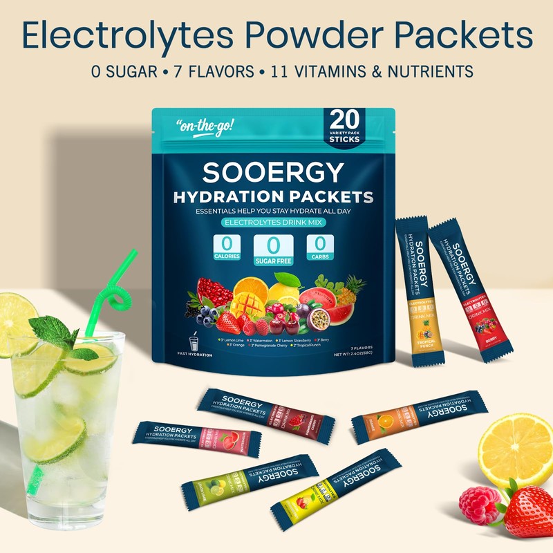 Sooergy Electrolytes Powder Packets Sugar Free Hydration Packets, 7 Flavors