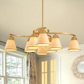 Boho Rattan Chandelier, Rustic Farmhouse Pendant Light Fixture with Handwoven Shade, 8-Light Chandeliers for Dining Room,Kitchen Island, Bedroom, Living Room