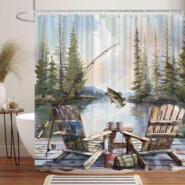 Rustic Fishing Shower Curtain, Country Lodge Cabin Bass Fish Lake Shower Curtain, Funny RV Farmhouse Hunting Camp Forest Nature Art Fisherman Shower Curtain for Bathroom with 12PCS Hooks,70X70IN