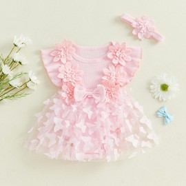 Newborn Baby Girl Summer Dress Ruffle Sleeveless Floral Embroidery Romper Dress Headband Beautiful Clothes Set (Pink2, 0-3 Months)