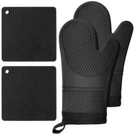 Lazebox Extra Long Silicone Oven Mitts with Pot Holders with Soft Cotton Lining Non-Slip Textured Grip, Heat and Slip Resistant Oven Mitts with Pot Holders for Baking, Cooking, Black