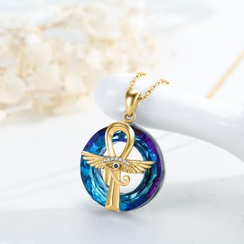 ABIGY Ankh Chain 925 Sterling Silver Eye of Horus Pendant Necklace Egyptian Cross Pendant with Crystal Angel Wings Cross Protection Necklace Egypt Jewellery Gift for Women Mother Gold, Sterling