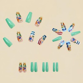 Independence Day Press on Nails Medium Square Stick on Nails with Beach Starfish Design Full Cover Green False Nails Red Blue Flag Glue on Nails Glossy Summer Fake Nails for Women Girls Manicure 24Pcs