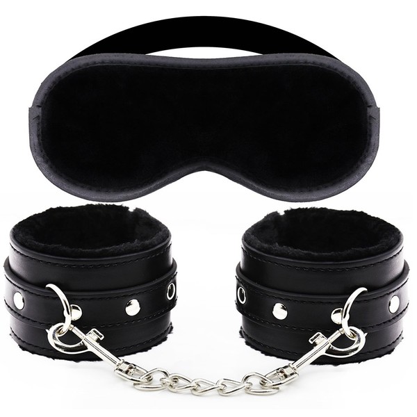 Leather Handcuffs Adjustable Plus Sleeping Mask Kit (Black) (Black)