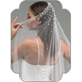 SAWINDA Wedding Veil Pearl Veil 1 Tier White Veils Fingertip Length Bride Headwear Bridal Tulle Veils with Metal Comb for Women Bridal Shower Prom Photography