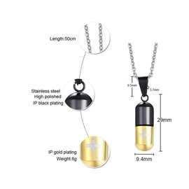 Stainless Steel Pill Capsule Cross Necklace Tube Urn Keepsake Cremation Ashes Memorial Pendant 22 Inch, Silver Black (Black Gold)