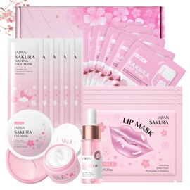 LAIKOU Sakura Facial Care Set Teenagers, Skincare Gift Set, with Face Serum, Eye Cream, Mud Film, Eye Mask, Face Mask, Lip Mask, Gift for Women, Teenagers (With Gift Box, Piece, 18)