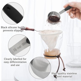 Cionyce 1/8 cup measuring cup，2 Pcs Stainless Steel Coffee Measuring Scoops (2 Tbsp/30 ml/30 cc/1 oz), Metal Coffee Scoop Measuring Cup with Black Silicone Handle