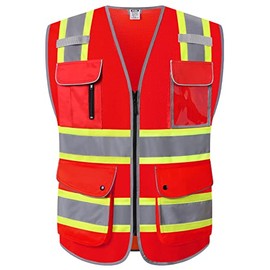 HATAUNKI Retro-Reflection Red Mesh Safety Vests With 9 Pockets and Front Zipper ANSI/ISEA 107-2015 (Red-04, Large)