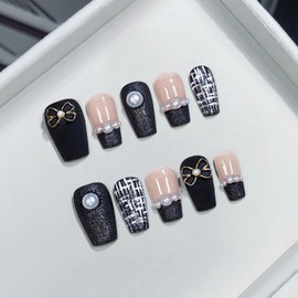 TENPAL French Tip Press on Nails Acrylic Black Nails Press ons Handmade Fake Nails With Pearl Bow Pattern Reusable Short Cute False Nails With Glue 10pcs/Box Glue on Nails For Women Girls(M)