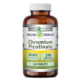 Amazing Nutrition Suplemento de picolinato de cromo de Amazing Formulas, 200 mcg por porción, tabletas, sin OGM, sin gluten, (240 unidades)
