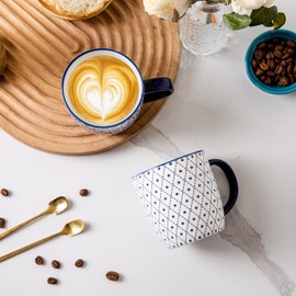 Cerkik Ceramic Coffee Mugs Set - 12 OZ Large Porcelain Tea Cups with Handle for Cappuccino Latte Cocoa Milk Tea - Christmas Housewarming Gift - Microwave Dishwasher Safe - Set of 6 - Vintage Blue