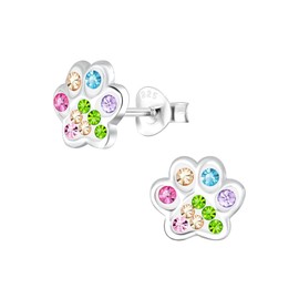 Animal Paw Print Earrings - 925 Sterling Silver with Colourful Rainbow Crystal Stones