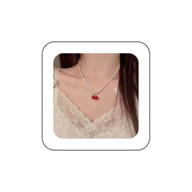 Allereya Vintage Pearl Choker Necklace Red Ruby Strawberry Pendant Necklace Boho Strawberry Necklace Pearl Necklace Jewellery for Women and Girls, Zinc, No Gemstone