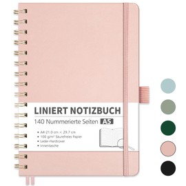 RETTACY Notebook A5 Ruled, Bullet Journal with 100 g/m² Thick Paper, 70 Sheets/140 Numbered Pages, College Pad for Office and School, Leather Cover, Rose Gold, 14.8 cm x 21 cm