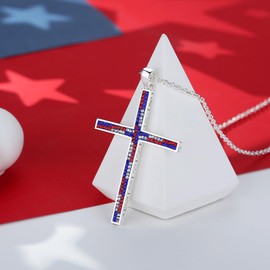 MUYUU American Flag Cross Necklace, Silver Plated Patriotic Cross Pendant Crystal Pendant Chain for Men Religious Jewelry, 20 Inches