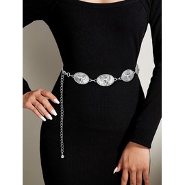 Liutufy Western Concho Belt for Women Metal Chain Link Belt Boho Chain Belts for Dresses Jeans(Turquoise Bull Silver-M)