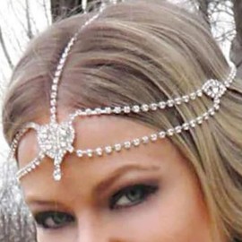Jovono Boho Rhinestone Head Chain Silver Bridal Wedding Headpiece Crystal Heart Hair Chain Jewelry Accessories for Women and Girls