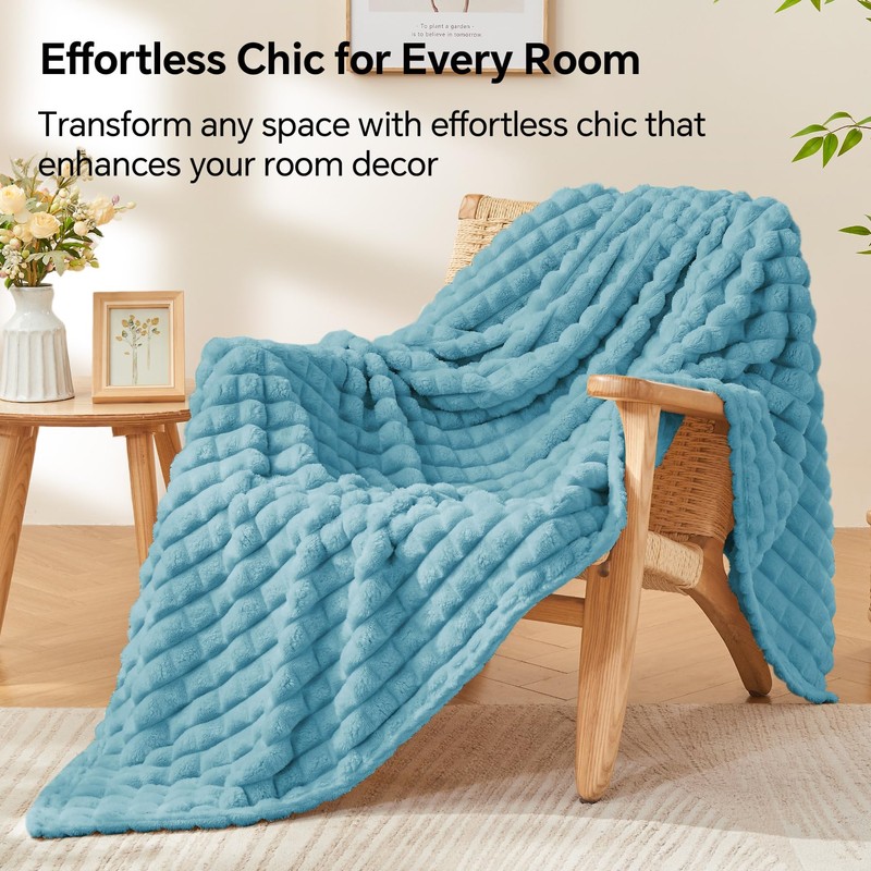 BEDELITE Fluffy Fleece Throw Blanket - Light Blue Sofa Throw