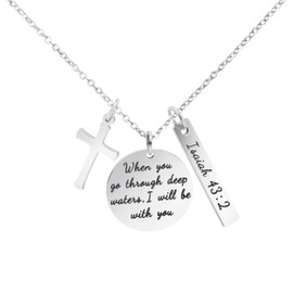 Christian Religious Necklace Stainless Steel Round Pendant Engraved Bible Verse When You Go Through Deep Waters I Will be With You