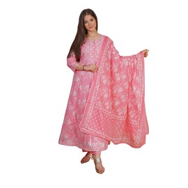 Meera Fab Women's Cotton Printed Embrodriery Anarkali Kurta With Palazzo & Dupatta Set, Pink Large