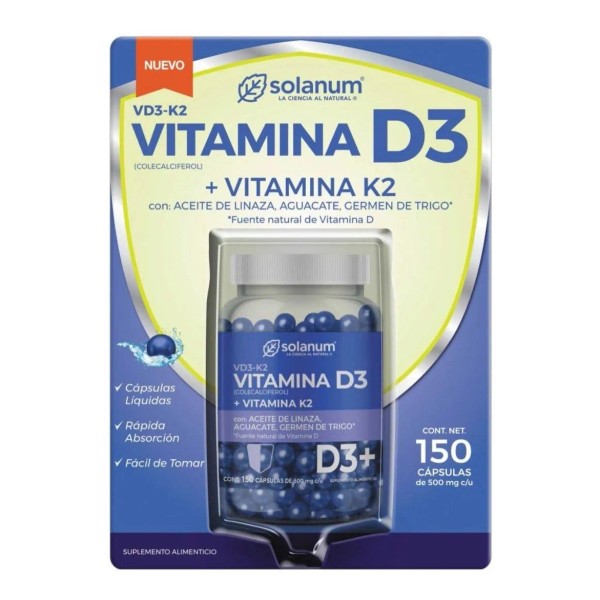 Vitamina D3 + K2 Solanum 150 Cápsulas De 500 Mg