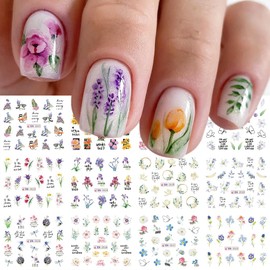 12 Sheets Flower Water Transfer Nail Stickers Purple Fresh Flower Nail Art Decals with Assorted Pattern Blossom Floral Butterfly Dragonfly DIY Nail Art supplies for Women Nail Decorations Manicure Tip