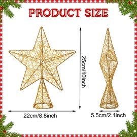 10 Inch Christmas Star Tree Topper Lighted Pentagram Tree Topper Xmas Tree Topper with Warm LED Lights for Christmas Tree Decorations (Gold)