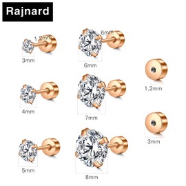 Rajnard 6pcs Surgical Steel Stud Earrings Rose with Replacement Earring Backs Hypoallergenic Flat Back Helix Earrings for Women Girls Cubic Zirconia Diamond Cartilage Tragus Earrings