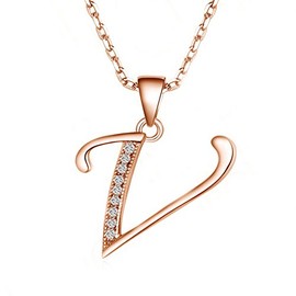 Paialco 925 Sterling Silver Initial Letter V Pendant Necklace for Women, Rose Gold Plated