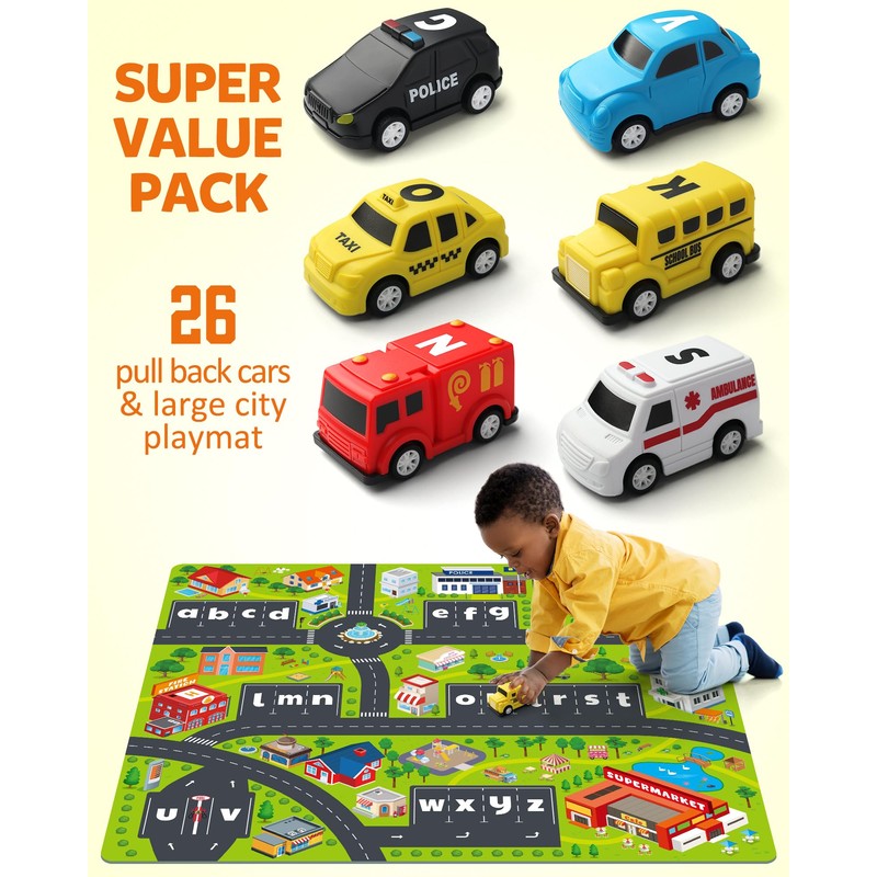 Coogam Alphabet Maze, 26pcs Pull Back Car with Play Mat