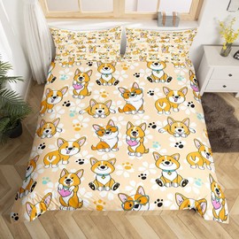 Cute Corgi Duvet Cover Set Queen Size,Smiling Dog Bedding Set 3pcs for Kids Teens Boys Room Decor, Cartoon Dog Paw Comforter Cover Kawaii Yellow Quilt Cover with 2 Pillowcases