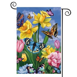 DMERBYL Spring Garden Flag 12x18 Double Sided Vertical, Burlap Small Butterfly Floral Flower Welcome Garden Yard House Flags Outside Outdoor House Spring Summer Decoration (ONLY FLAG)