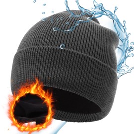 Unisex Merino Wool Waterproof Cold Weather Roll Cuff Beanie Dark Grey XX-Large Warm Fleece Lined Winter Hat for Men Women Big Heads XL XXL