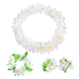 Goodangie00 4Pcs Hawaiian Leis Set， Luau Wreath Garland Flower Headpiece Necklace Bracelet for Graduation Party Favor, DIY Dance Decor, Photo Prop Outdoors（White）