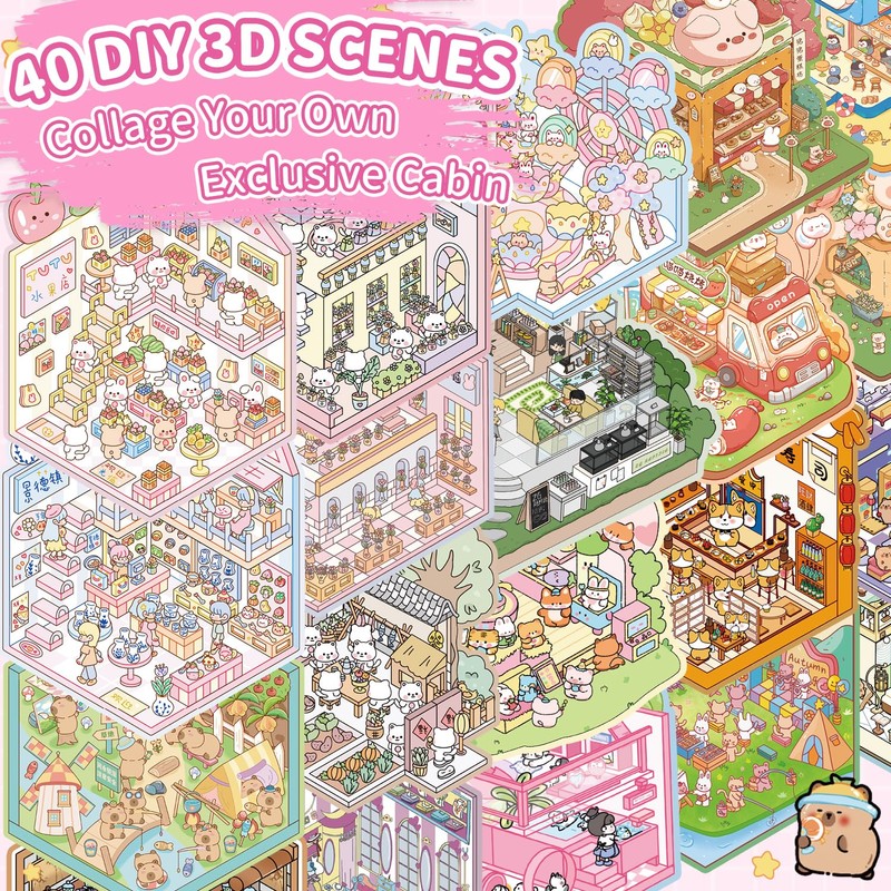 40 Sets DIY 3D House Sticker Scene Kit, Sticker Therapy,
