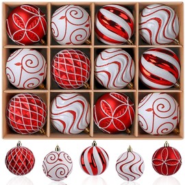 Alupssuc 3.15"/80mm Christmas Balls Ornaments, 12Pcs Christmas Tree Decorations, Shatterproof Christmas Hanging Baubles Set with Hooks for X-mas Party Wedding Holiday Decor, Red & White