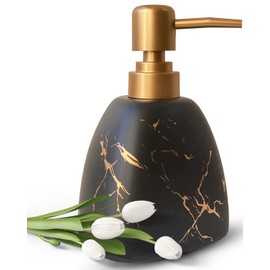 Ceramic Soap Dispenser for Bathroom Black Soap Dispenser for Kitchen Dish Soap Dispenser with Marble Pattern Liquid Hand Soap Dispenser Pump Bottle (Pyramid Black Marble Bottle)