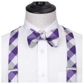 HISDERN Suspenders for Men Adjustable Purple Plaid Tuxedo Suspender and Bowtie Handkerchief Strong 6 Clips Mens Suit Braces Wedding Homecoming