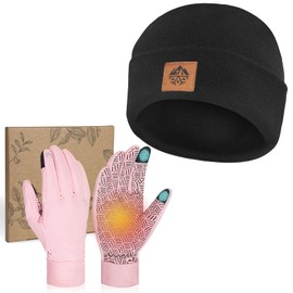 RIGWARL Soft Mens Hat and Winter Gloves Set for 32-50℉, Warm Hat and Waterproof Touchscreen Gloves for Men Women(Pink, S)