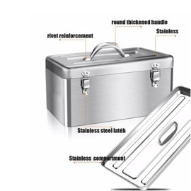 GRPDMDM 18" Metal ToolBox,Stainless Steel Tool Box,Heavy Duty Portable Tool Box,2 Layer with Carrying Handle metal locking latches make and Removable Tray,for Garage Workshop (Silver)