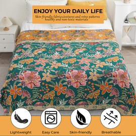 Boho Throw Blankets Reversible Luxurious Cotton Bed Throws with Vintage Bohemian Design & Yellow/Green Lightwight Floral Decor Blanket, Perfect as Bed Sofa Quilt 80" x 90"