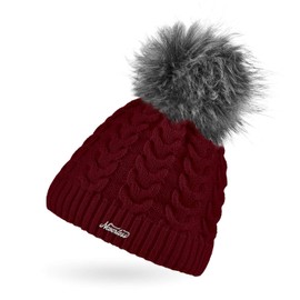 Neverless® Ladies Knitted Hat Lined Fur Pom Faux Fur Bobble Hat Fleece Lining Cable Knit Pattern, 15581 Bordeaux