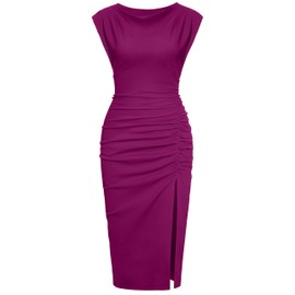 IHOT Midi Dresses for Women 2024 Elegant Semi Formal Ruched Bodycon Wedding Guest Cocktail Graduation Party Dress Purple S