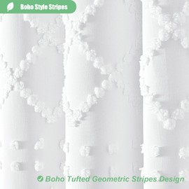 Dynamene Extra Long Shower Curtains, 90 Inches Long Boho Tufted Geometric Striped Fabric Shower Curtains for Bathroom, Tall Shabby Chic Waterproof Cloth Shower Curtain Set with Hooks, White, 72x90