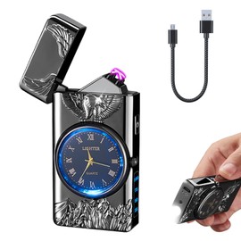 Electric Lighter with Clock YOZWOO USB Rechargeable Lighter with LED Light, Plasma Dual Arc Lighters with LED Power Display for Candle, Cool Lighters Gifts for Men and Women (Black-Eagle)