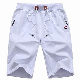 GUNLIRE Big Boy's White Casual Shorts Summer Cotton Drawstring Elastic Waist Pockets Shorts