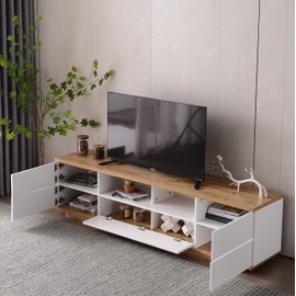 Virubi Modern Television Stand with 6 Cabinets & 2 Open Storage Space, Minimalist Wooden Entertainment Center for TVs Up to 80”, Sturdy TV Console for Living Room Bedroom Decor(White)