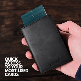 Double Oak Essentials Pop-up Wallet | RFID Blocking Leather Minimalist Wallet | Top Grain Leather, Holds up to 10 Cards Plus Cash (Black w/Gold Card Holder)…