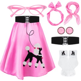 Breathffy 1950s Poodle Skirt Costume Outfit for Women Skirt Scarf Belt Sock Eyeglass Headband Earring(Pink, Medium)